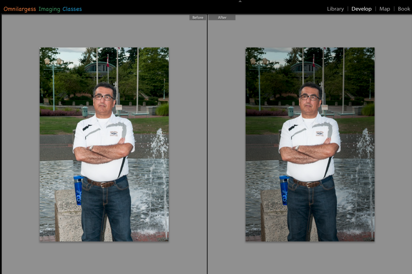 Before and After Lightroom Radial Filter exposure and vignetting